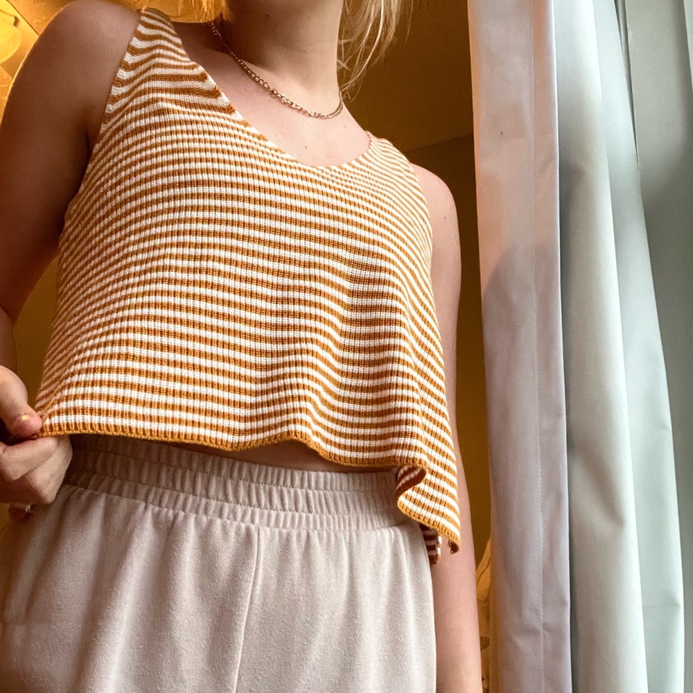 Yellow & white striped ribbed tank with v neckline